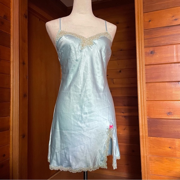 Victoria’s Secret Blue Satin Gold Lace Satin Slip Dress Sz Medium - Picture 5 of 6